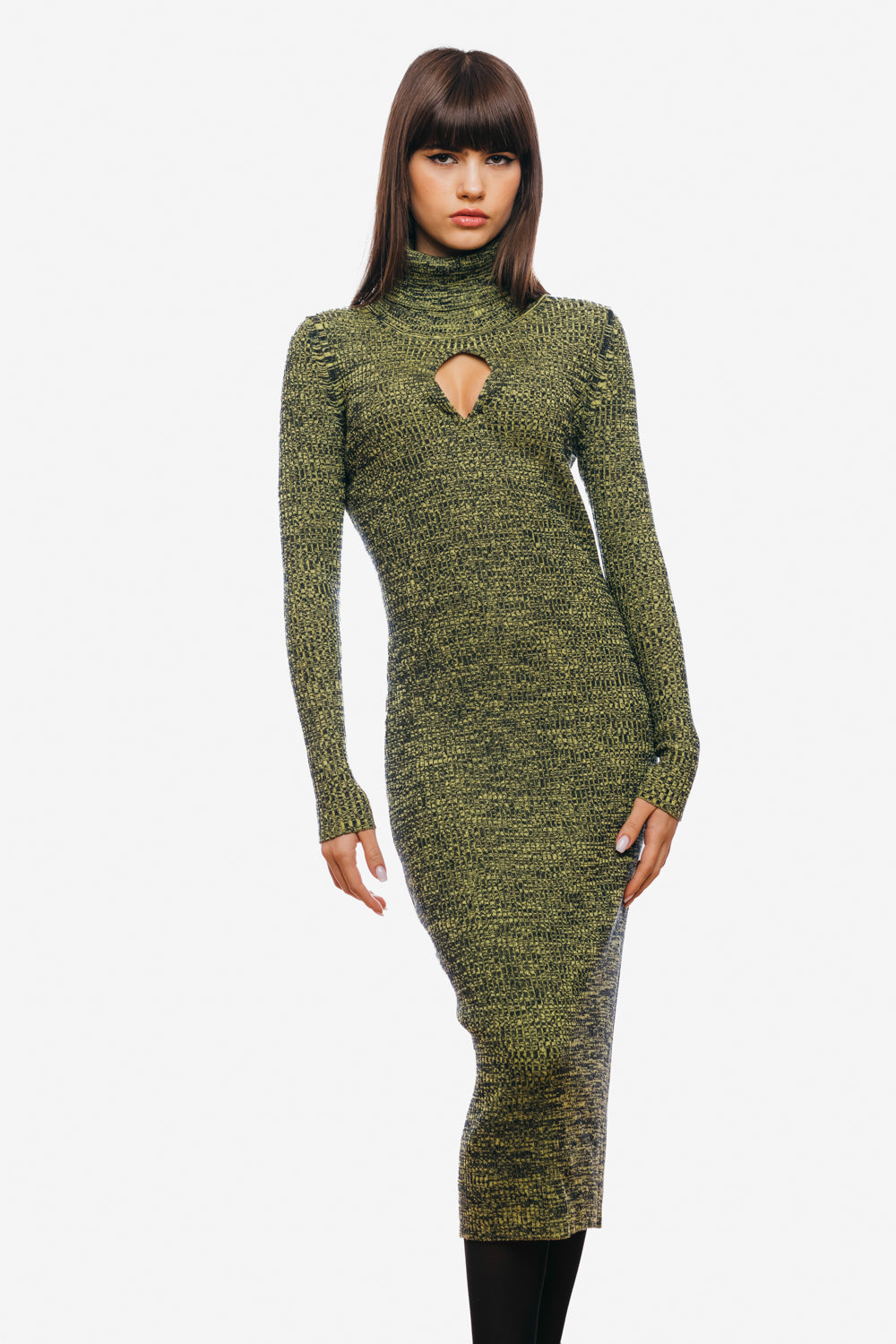 Fitted dress with long sleeves and high collar