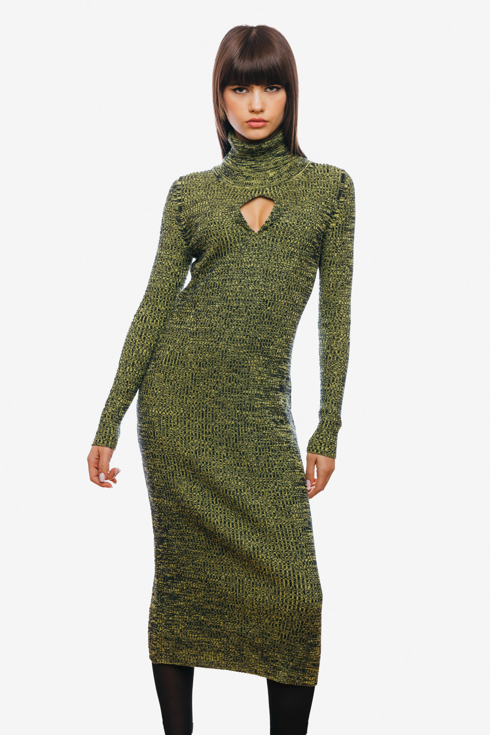 Fitted dress with long sleeves and high collar