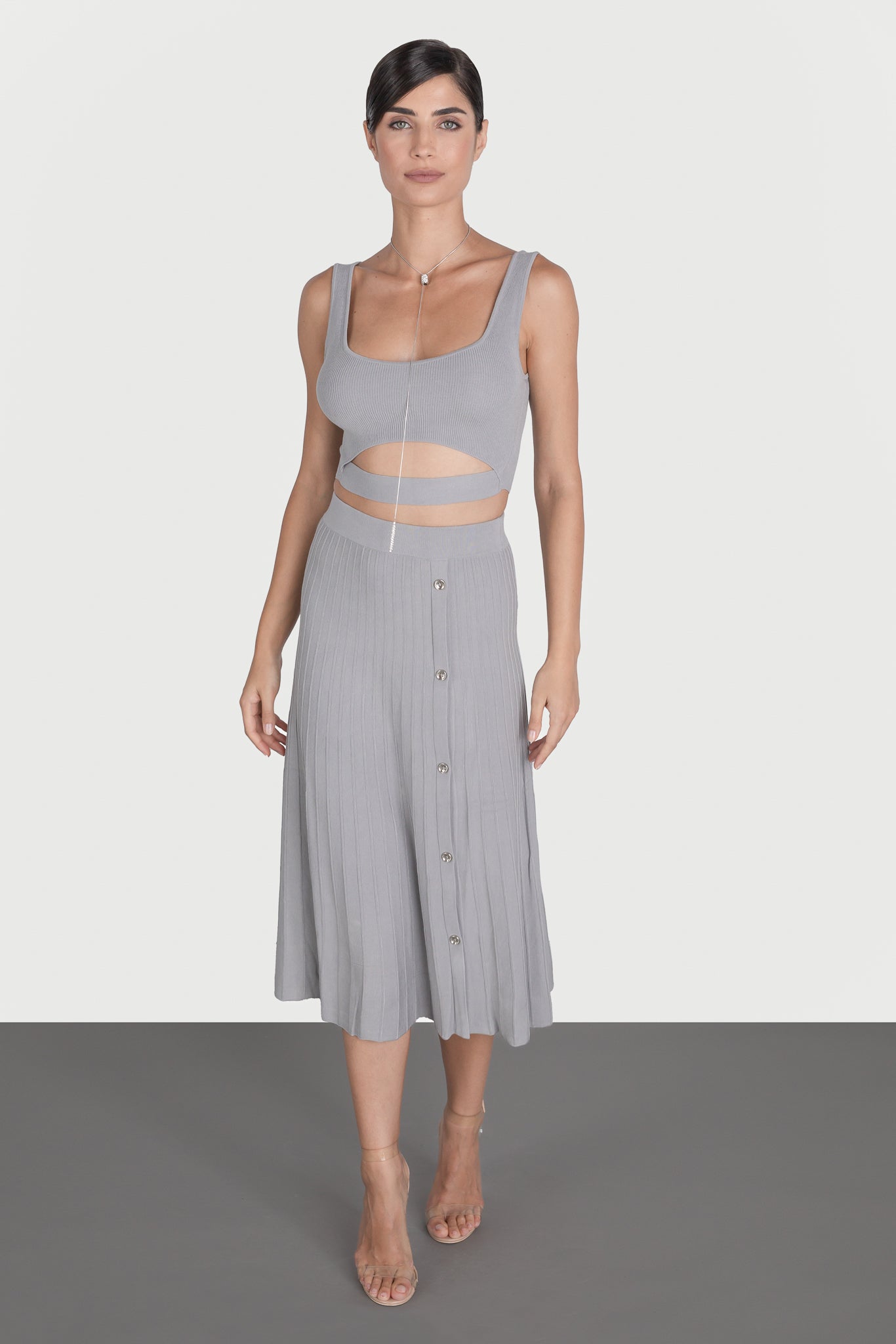 Flared skirt with slit and buttons
