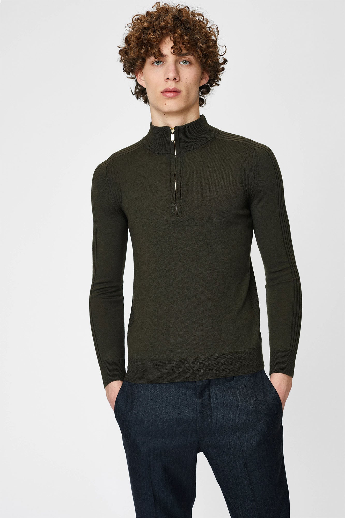 Crew neck sweater with short zipper and long sleeves, for men
