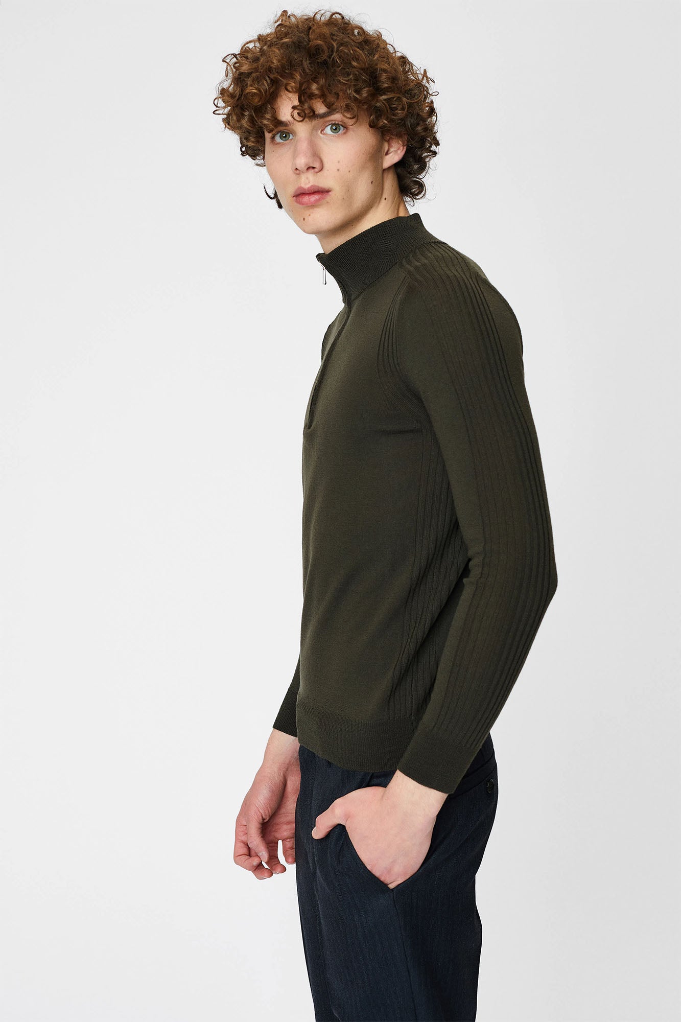 Crew neck sweater with short zipper and long sleeves, for men